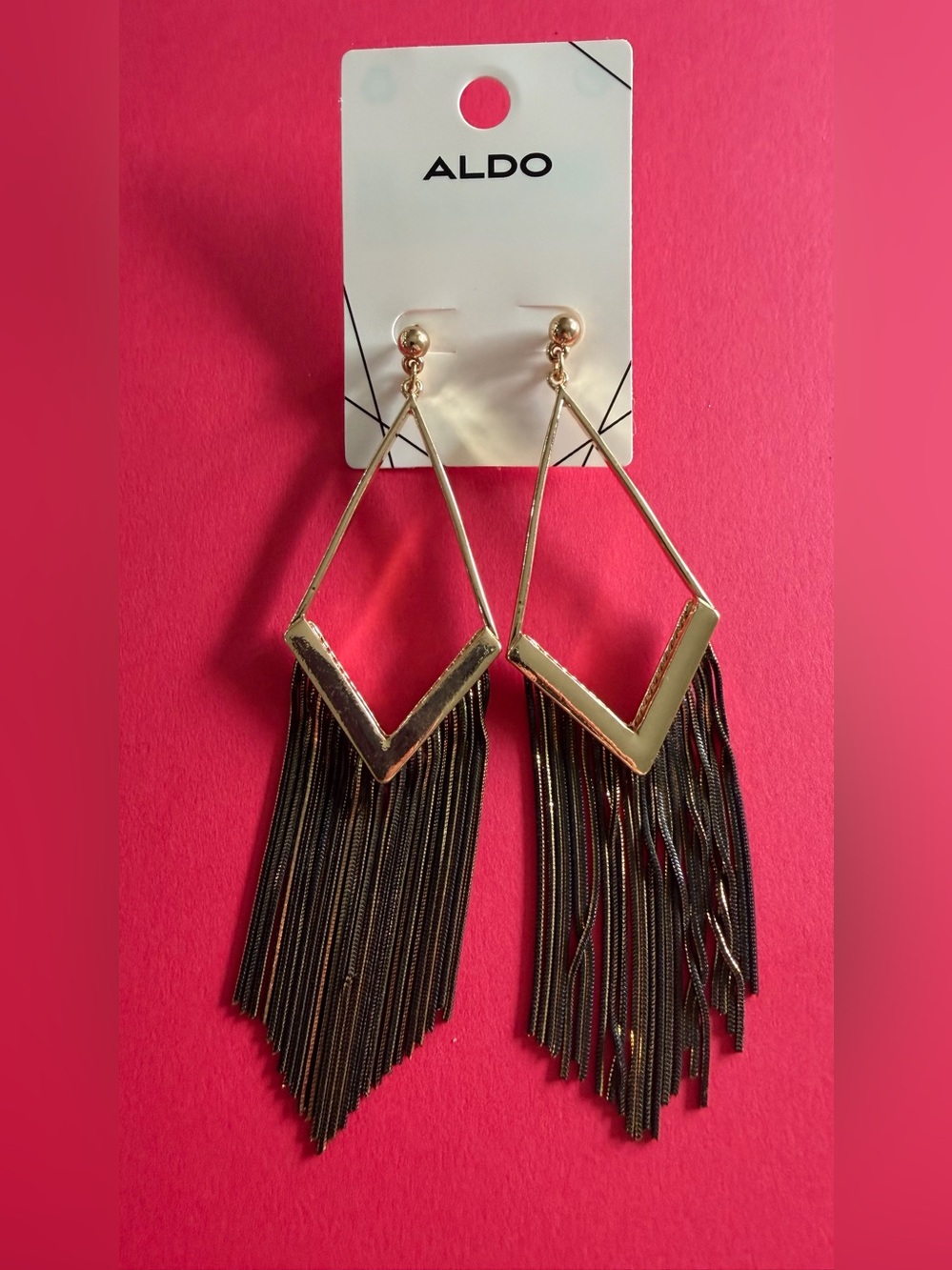 ALDO Gold V-Shaped Fringe Drop Earrings - Black Tassels